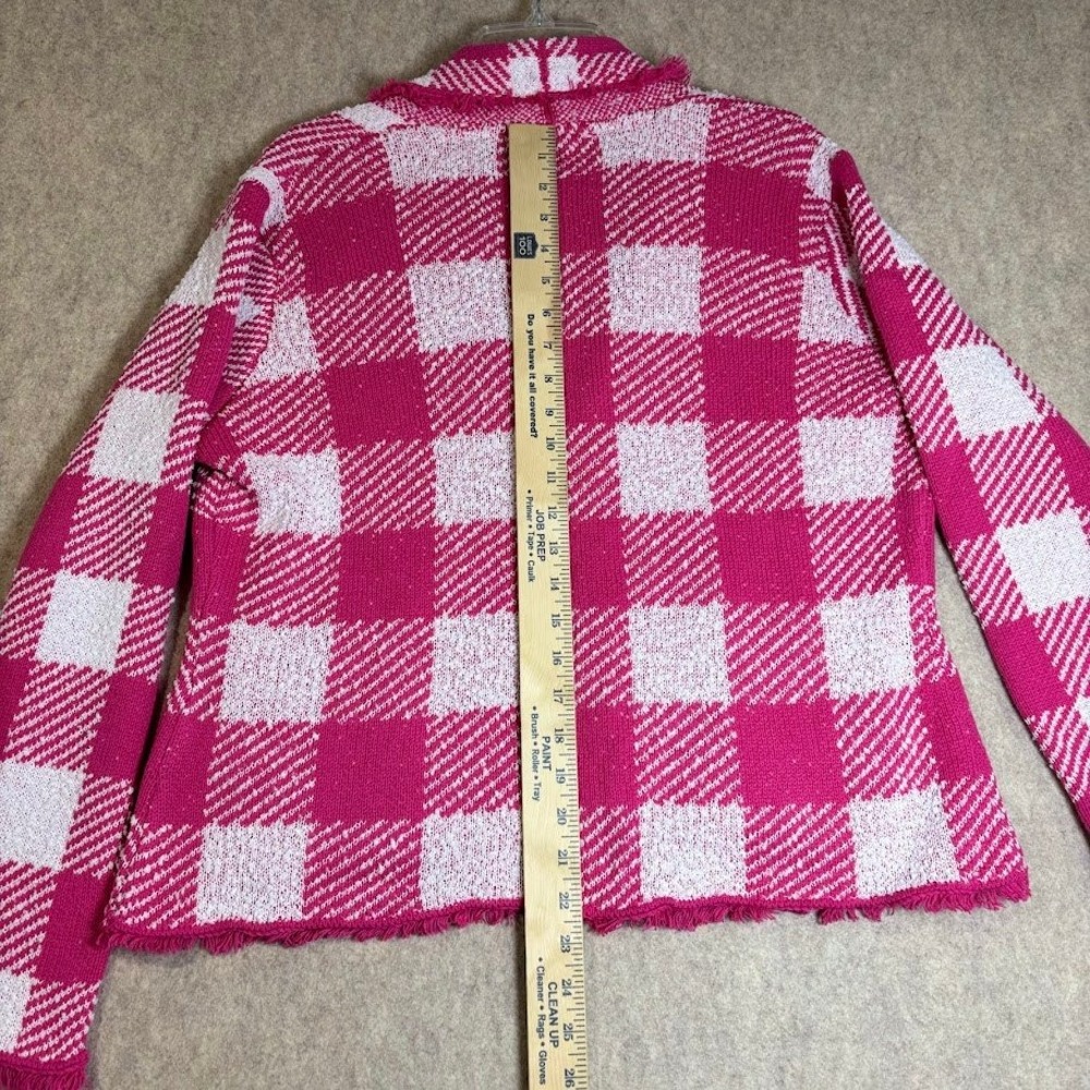 Isaac Mizrahi Cardigan Women Medium Pink Gingham Knit Blazer Fringe Preppy Fun - Picture 8 of 9